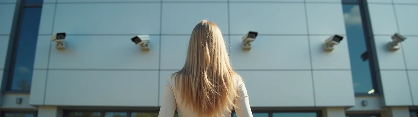 Djevojka gleda zgradu s postavljenim kamerama videonadzora